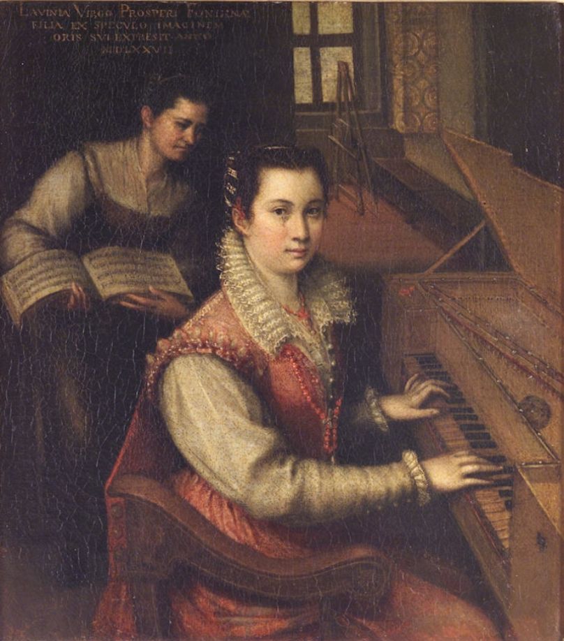 Lavinia Fontana (1552 Bolonha-1614 Roma), Primeiro autorretrato na espineta, 1575 Óleo sobre cobre, 31 x 25,5 cm Roma, Coleção particular